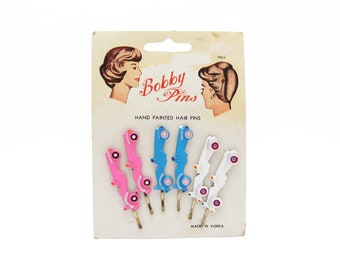 1960's vintage bobby pins, set of 6 pink/blue/white CAR RACE hair pins, hand-painted metal, new-old-stock