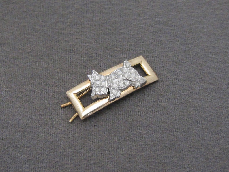 dog barrette wire clasp SMALL 1950/'s vintage hair clip 1.5 gold-tone brass barrette w silver Scottie dog accent