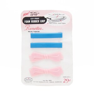 1950&#39;s TIP-TOP vintage hair clips, 2.3&quot; sky blue bars & pink bows plastic barrettes, set of 4, new-old-stock, pinch-wire clasp