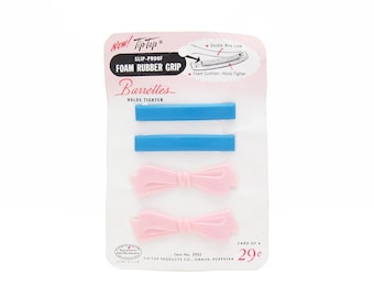 1950's TIP-TOP vintage hair clips, 2.3" sky blue bars & pink bows plastic barrettes, set of 4, new-old-stock, pinch-wire clasp