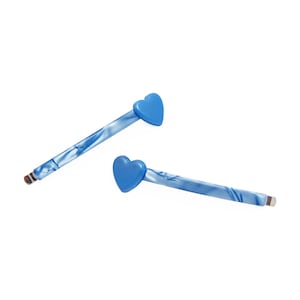 1980&#39;s vintage HEART bobby pin pair, 2.4&quot; pearlescent BLUE hair pins, new-old-stock, made in FRANCE