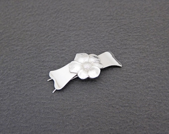 1950's vintage STERLING SILVER floral hair clip, 2" shiny wild ROSE barrette w/ pinch-wire clasp