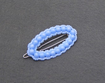 1950's vintage barrette hair clip, 1.8" light blue plastic oval ring, faux bead design, wire clasp