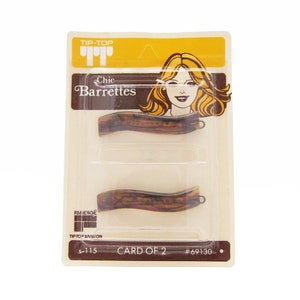 1970&#39;s TIP-TOP vintage barrettes PAIR, 2&quot; translucent faux tortoiseshell plastic wave hair clips, new-in-package, wire clasp, for fine hair