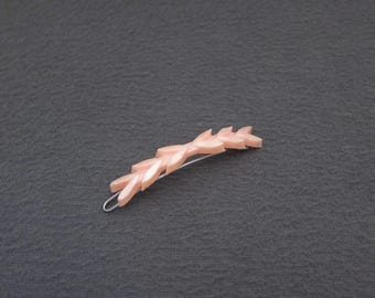 1950's vintage hair clip, 2.2" pearlescent PEACHY PINK plastic LEAVES barrette w/ wire clasp