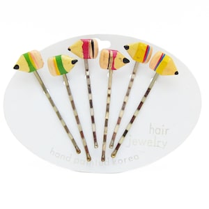 1970&#39;s vintage PENCIL bobby pins, set of 6 hand-painted MULTICOLOR stubby pencil hair pins, new-old-stock