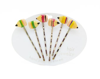 1970's vintage PENCIL bobby pins, set of 6 hand-painted MULTICOLOR stubby pencil hair pins, new-old-stock