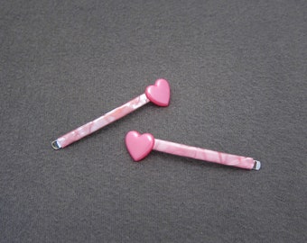 1980's vintage HEART bobby pin pair, 2.4" pearlescent PINK hair pins, new-old-stock, made in FRANCE