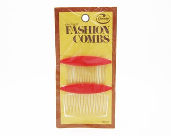 1970's GOODY vintage side hair comb PAIR, red plastic pointed ellipses, new-in-package
