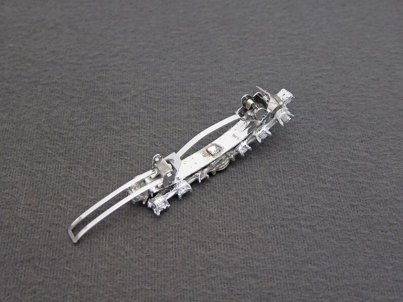 made in FRANCE automatic clasp 1960/'s vintage hair clip 2.3 silver-tone metal fancy BOW barrette w EMERALD green /& crystal rhinestones