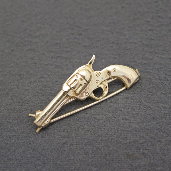 RARE 1940's vintage hair clip, 2" gold-tone stamped brass REVOLVER PISTOL barrette, pinch-wire clasp