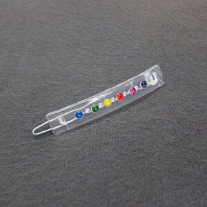 1980&#39;s vintage RAINBOW hair clip, 2.2&quot; CLEAR plastic barrette w/ multicolor rainbow RHINESTONES, wire clasp