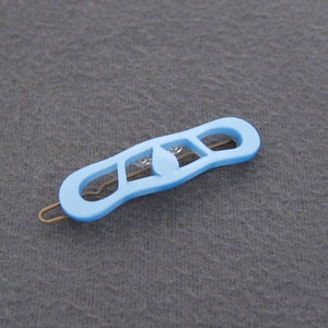 1990&#39;s vintage barrette hair clip, light blue CELLULOSE ACETATE, cutout lozenge shape, new-old-stock, made in FRANCE, tige boule wire clasp