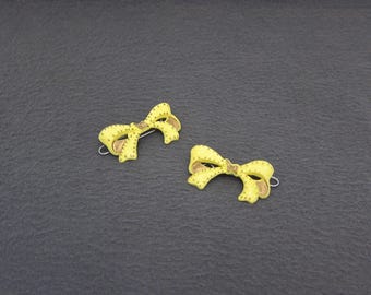 SMALL 1950's TIP-TOP vintage barrette pair, 1.5" pastel yellow plastic ribbon bow hair clips w/ gold accents, wire clasp, new-old-stock