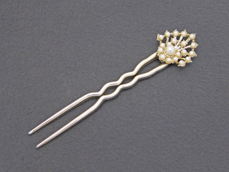 5 pale gold-plated plastic chignon pick 1960/'s vintage faux PEARL hair pick