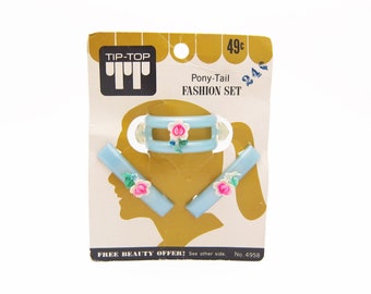 Rare TIP-TOP 1960's vintage ponytail & barrette SET w/ pink roses, pearly light blue plastic hair clips, ponytail holder, new-old-stock