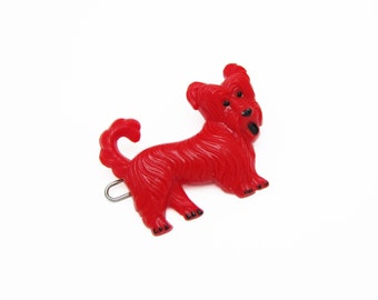 1950's TIP-TOP vintage hair clip, 1.5" red plastic DOG barrette w/ hand-painted accents, wire clasp, dog lover gift
