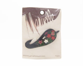 1980's MARVELLE by GOODY vintage hair clip, black plastic teardrop slide barrette, hand-painted flowers, new-old-stock, hair slide