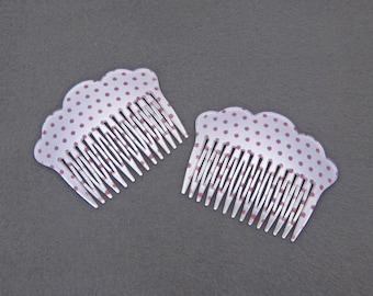1970&#39;s vintage side hair comb PAIR, 3.1&quot; silvery white plastic w/ plum daisy dot print, scallop-border top, made in FRANCE, new-old-stock