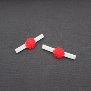 1950&#39;s TIP-TOP vintage floral barrette pair, 2&quot; White/Neon Red plastic BUBBLE flower hair clips w/ metal clasp