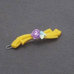 1950's TIP-TOP vintage ROSE barrette, yellow plastic bow hair clip w/ lavender purple stemmed rose accent, wire clasp
