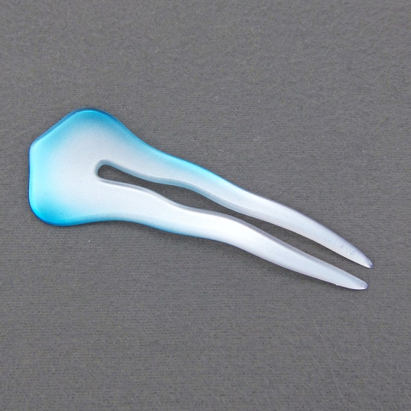 80's vintage hair pick, teal blue/white fade-out plastic, onion dome shape chignon pick, made in France, new-old-stock