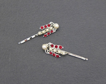 1970's vintage faux pearl bobby pin PAIR, silver-tone metal fancy hair pins, Siam red rhinestones