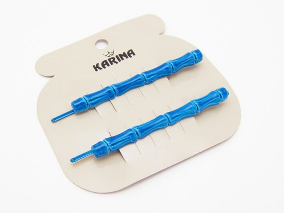 1980's KARINA vintage bobby pin PAIR, 2.3" azure … - image 4