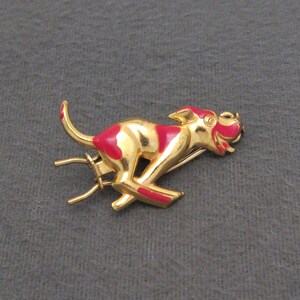 1940&#39;s vintage hair clip, 1.5&quot; gold-tone stamped brass DOG barrette, red enamel accents, pinch-wire clasp, dog lover gift