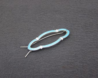 1930&#39;s STERLING silver GUILLOCHE barrette, 1.9&quot; AQUA blue enamel vintage hair clip, pinch-wire clasp
