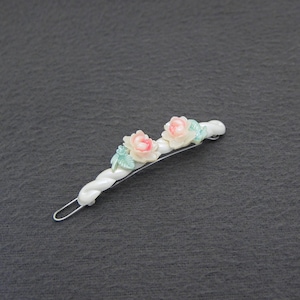 1950&#39;s TIP-TOP vintage floral hair clip, 2.2&quot; pearly white plastic skinny twist barrette w/ pastel stemmed ROSES, wire clasp