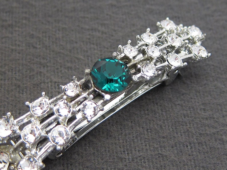 made in FRANCE automatic clasp 1960/'s vintage hair clip 2.3 silver-tone metal fancy BOW barrette w EMERALD green /& crystal rhinestones