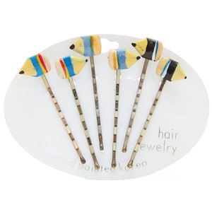 1970&#39;s vintage stubby PENCIL bobby pins, set of 6 hand-painted MULTICOLOR pencil hair pins, new-old-stock