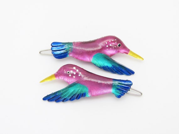 1980's vintage HUMMINGBIRD hair clip PAIR, hand-p… - image 3