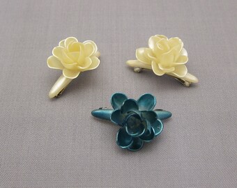 1950's vintage hair clips, 1.8" pearlescent ivory & teal ROSE barrettes, set of 3, metal clasp