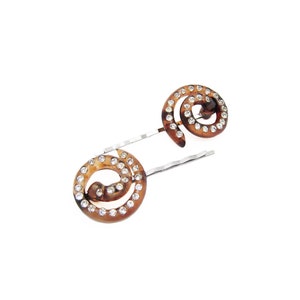 1930&#39;s vintage fancy bobby pin PAIR, 2&quot; TORTOISESHELL celluloid spiral hair pins w/ CRYSTAL rhinestones, antique jewel hair clips