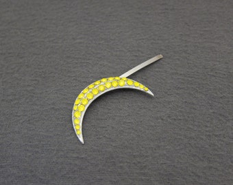 1930's vintage RHINESTONE hair pin, 2.6" silver tone crescent MOON bobby pin w/ YELLOW opal rhinestones, antique jewel hair clip