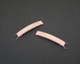 1950's TIP-TOP vintage hair clip pair, 2.5" light pink plastic barrettes w/ stamped gold chain accent, pinch-wire clasp