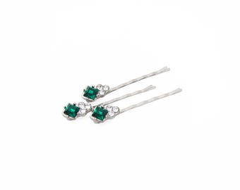 1950's vintage bobby pins, 2" silver tone EMERALD GREEN & CRYSTAL rhinestone hair pins