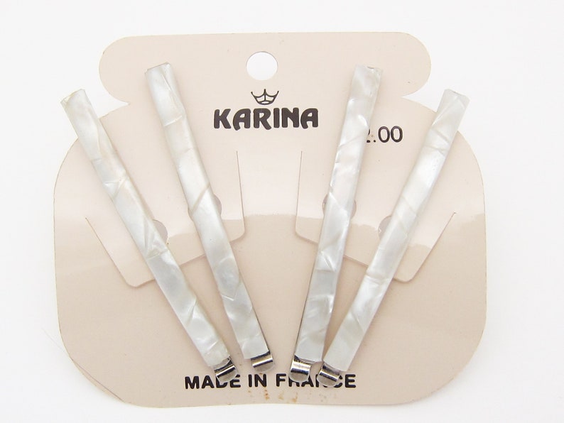 KARINA 1980's vintage bobby pins, 2.3 pearlescent ecru white hair pins, set of 4, new-old-stock, made in FRANCE image 3