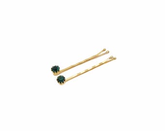 1950's vintage bobby pins, 2.1" gold tone EMERALD GREEN rhinestone hair pins