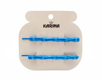 1980's KARINA vintage bobby pin PAIR, 2.3" azure blue metal BAMBOO hair pins, new-old-stock