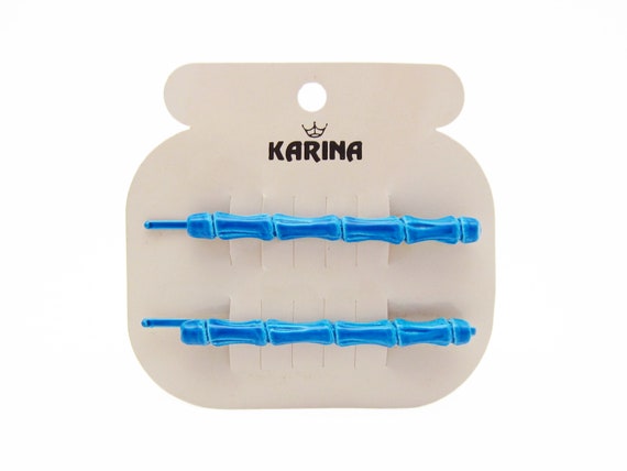 1980's KARINA vintage bobby pin PAIR, 2.3" azure … - image 1