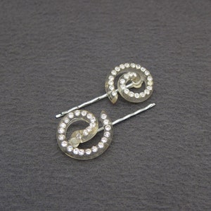 1930&#39;s vintage fancy bobby pin PAIR, 2&quot; CLEAR celluloid spiral hair pins w/ CRYSTAL rhinestones, antique jewel hair clips
