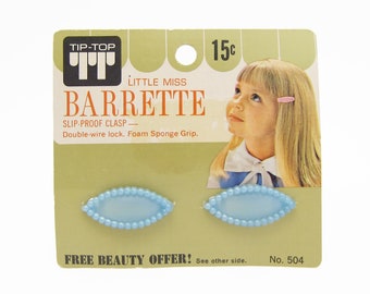Petite 1960's TIP-TOP vintage barrette PAIR, 1.3" pearly light blue plastic hair clips, almond-shape, new-old-stock, wire clasp