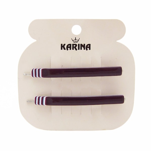 1980's KARINA vintage bobby pin PAIR, 2.3" deep EGGPLANT purple/white striped cellulose acetate hair pins, new-old-stock