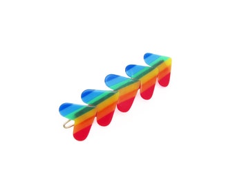 1970's vintage RAINBOW barrette, 2.6" rainbow stripe HEARTS hair clip, new-old-stock, wire clasp