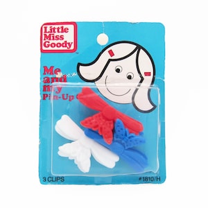 SMALL 1980&#39;s GOODY vintage girls&#39; CLAW hair clips, 1.9&quot; Red/White/Blue butterfly plastic clips, set of 3, new-in-package