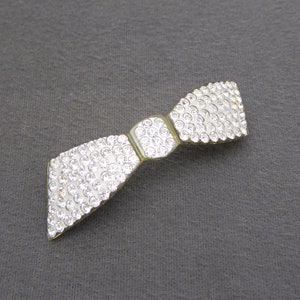 RARE 1930's vintage hair clip, 3.2" silvered translucent CELLULOID BOW barrette, crystal rhinestones, C-clasp