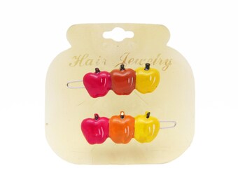 1970's vintage barrette pair, 1.5" Red/Orange/Yellow APPLES Hand-Painted resin hair clips w/ wire clasp, new-old-stock